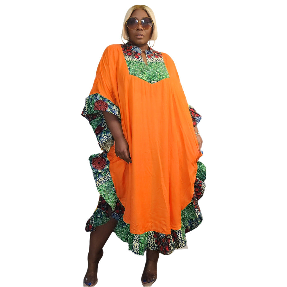 Lace-trimmed Printed Patchwork Plus-size Dress