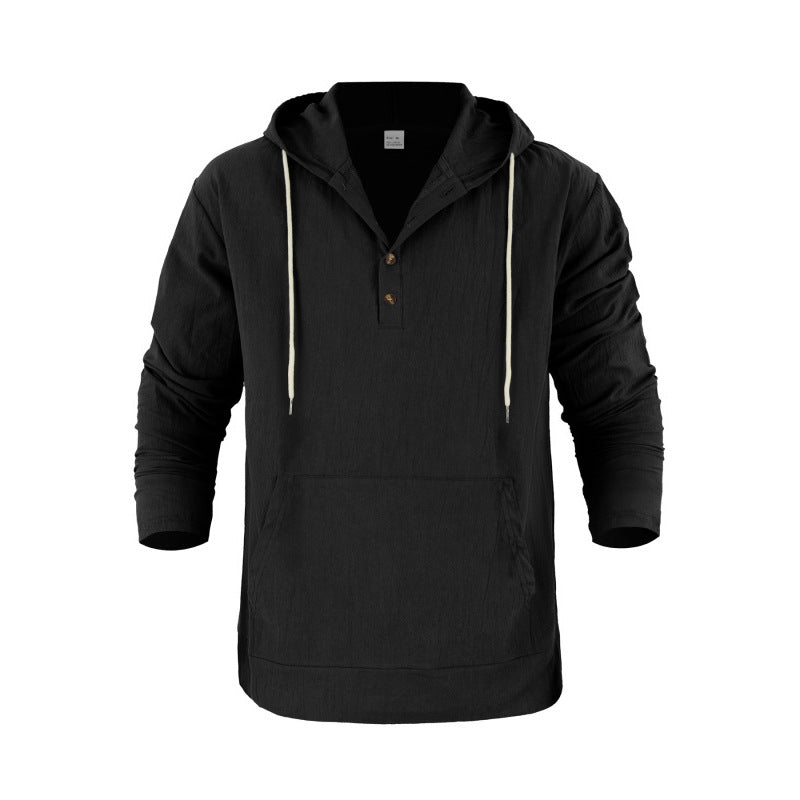 Hooded Long-sleeve Henley T-shirt With Large Pockets