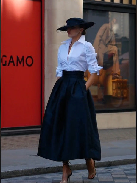 Solid Color Long-sleeved Shirt & High-waisted Skirt Suit