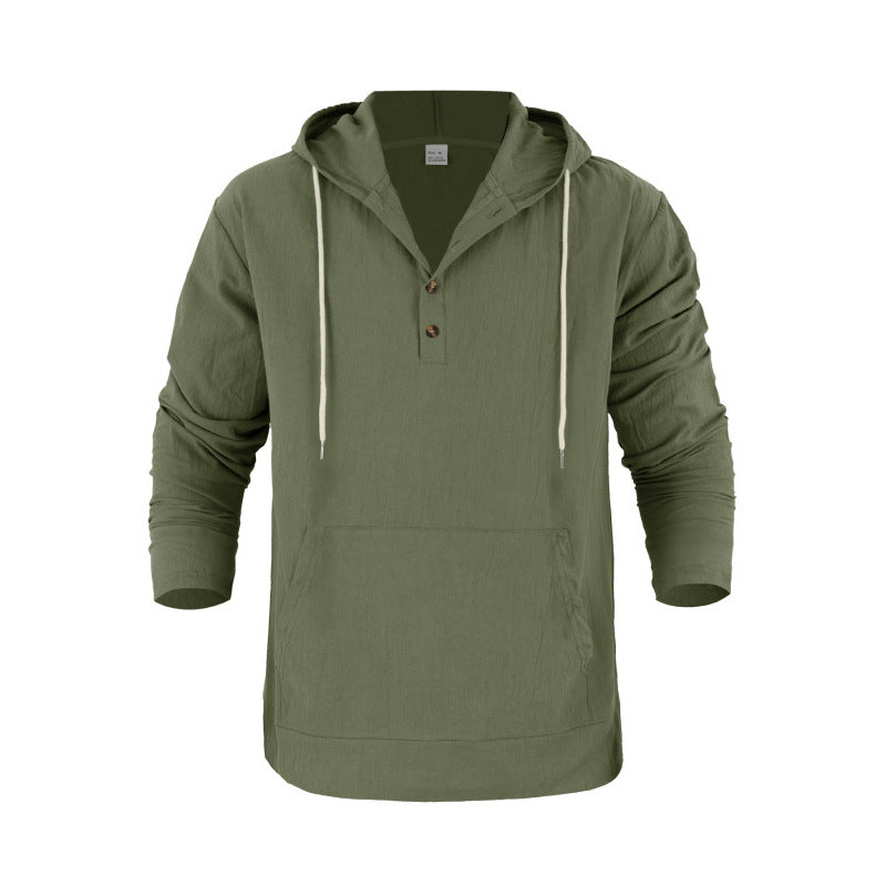 Hooded Long-sleeve Henley T-shirt With Large Pockets