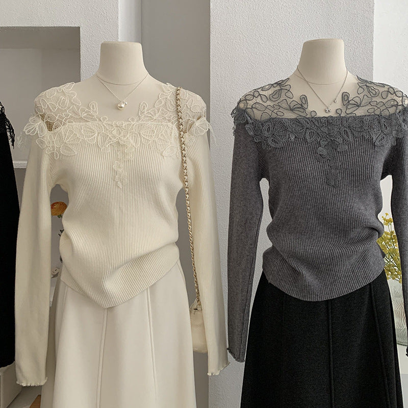 Hollow-out Lace Patchwork V-neck Knitted Sweater For Women, New AutumnWinter Style