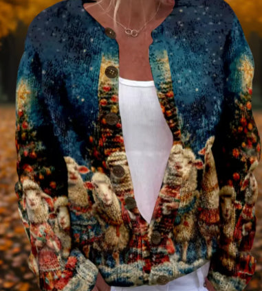 Round Neck Sweater Christmas Button Cardigan Long Sleeve Sweater