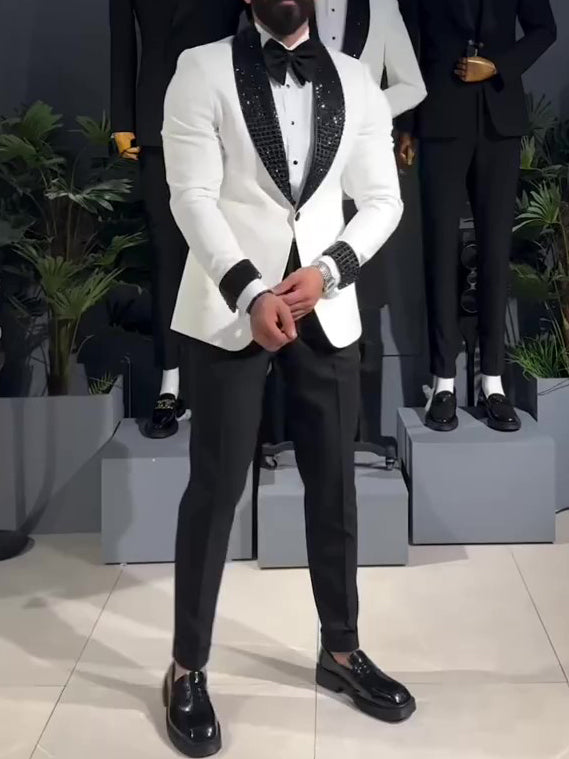 White Tuxedo Jacket With Black Sequin Lapel