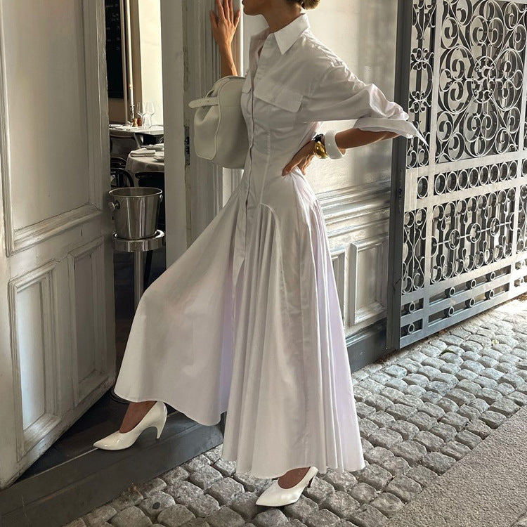Turn-down Collar Long-sleeve Pleated Single-breasted Shirt Dress
