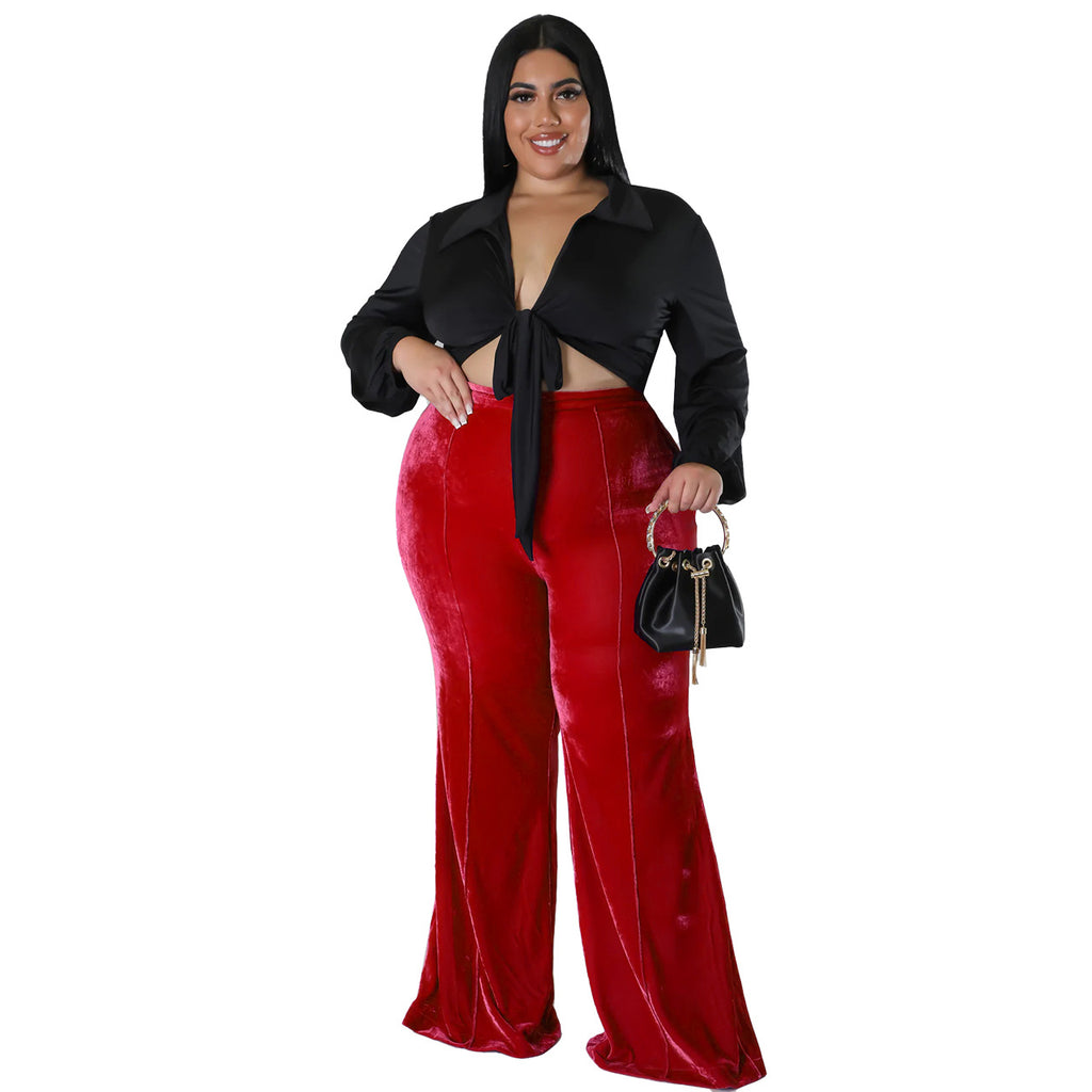 Women's Patchwork Fleece Flared High Waist Casual Pants