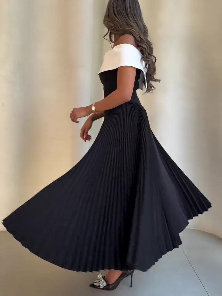 Off-shoulder Contrast Pleated Dress