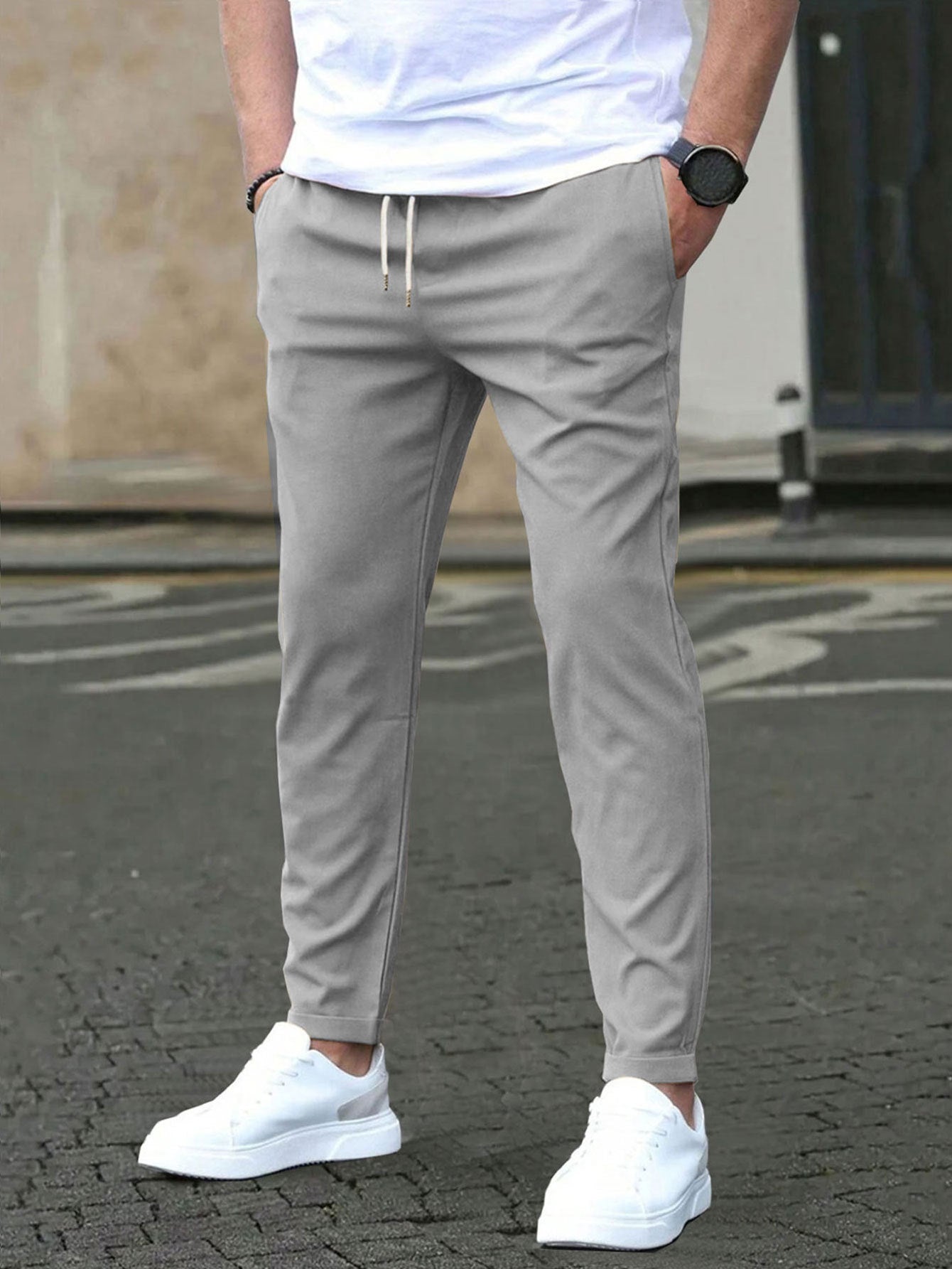 Casual Slim Fit Leather Tag Cropped Pants Solid Color Pants