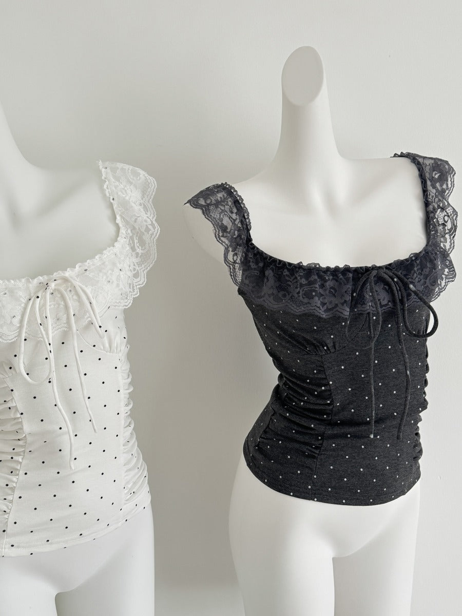 Lace Cap-sleeve Ruffled Polka-dot Camisole Women's Slim-fit Cropped Top