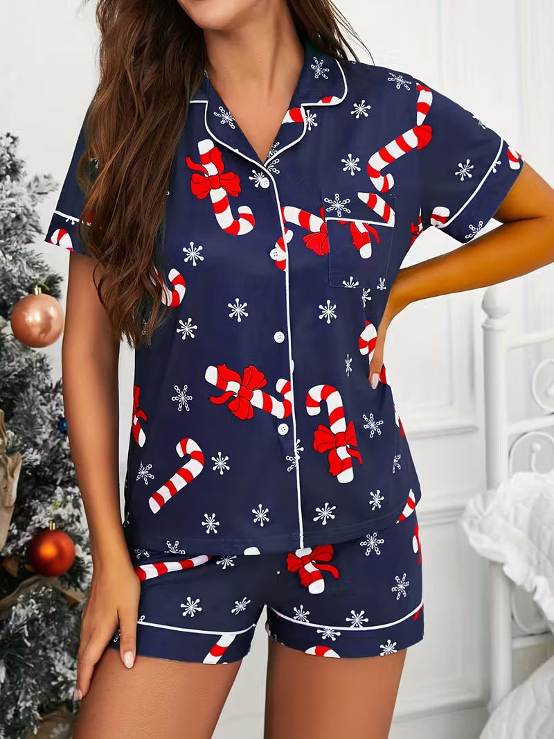 Cute Cartoon Pajama Set With A Turn-down Collar Short Sleeves