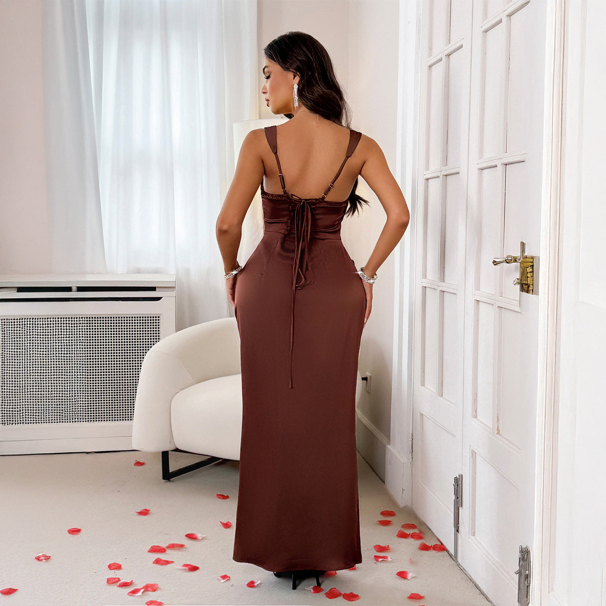 European And American-style Elegant Sophisticated Solid-color Slip Dress Figure-hugging Long Dress Women's Wear