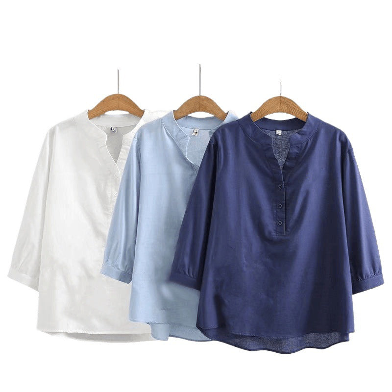 Loose Cotton Linen Top Three-quarter Color Shirt