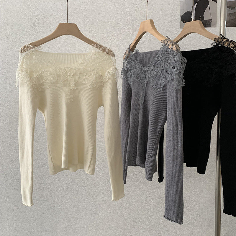 Hollow-out Lace Patchwork V-neck Knitted Sweater For Women, New AutumnWinter Style