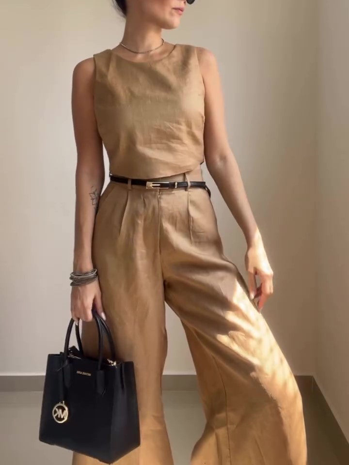 Khaki Button Back Vest & Wide Leg Pants Set
