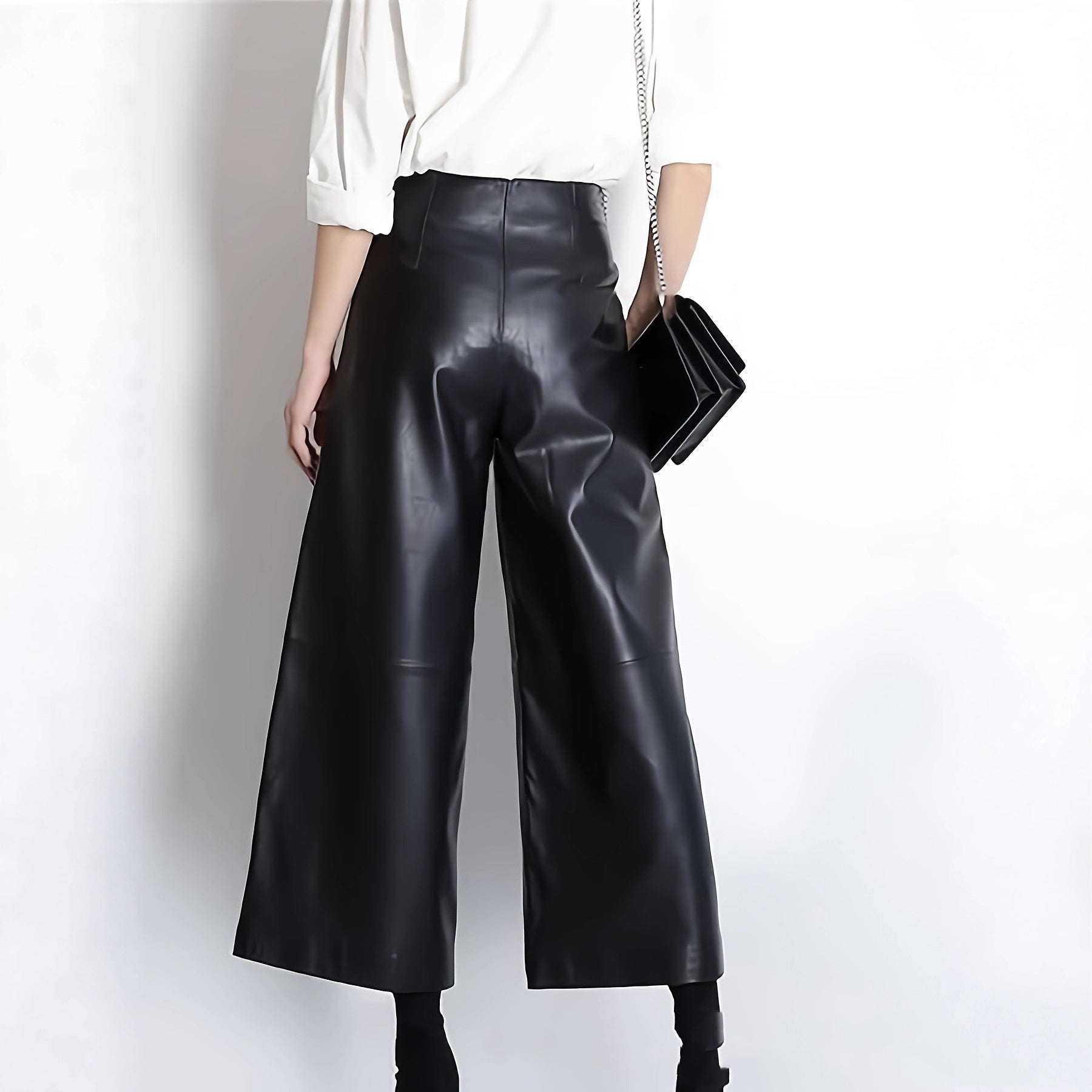Solid-color Leather-patchwork Wide-leg Pants