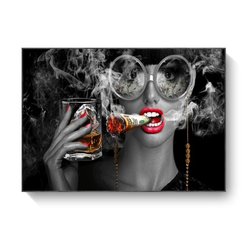 Sexy Red Lips Smoking Woman Vintage Decorative Painting