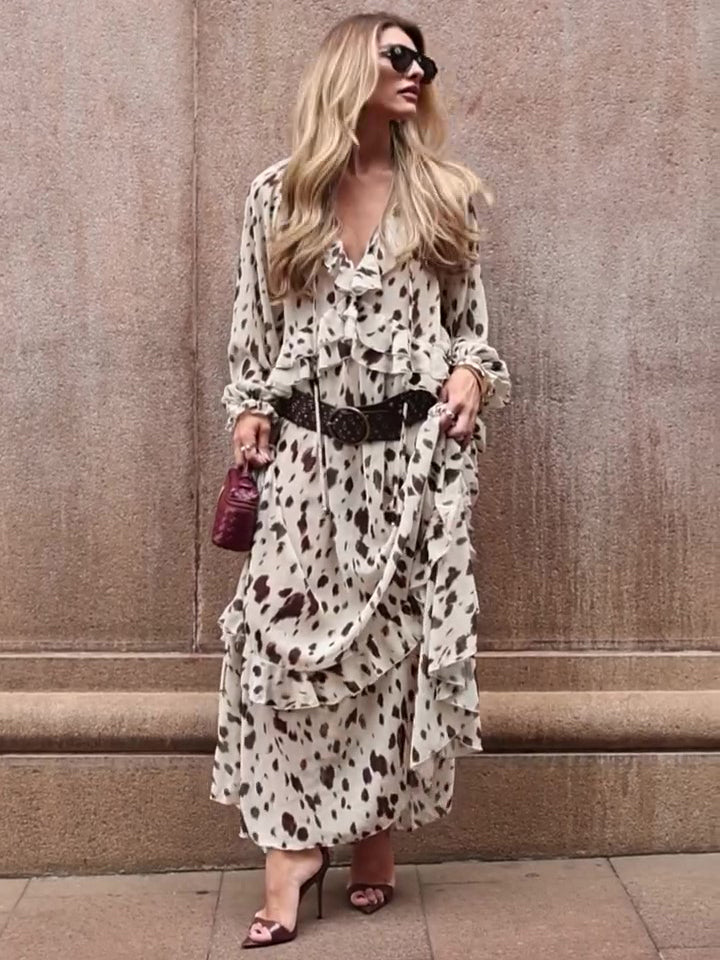 Spotted Print Ruffled Long-sleeve Dress