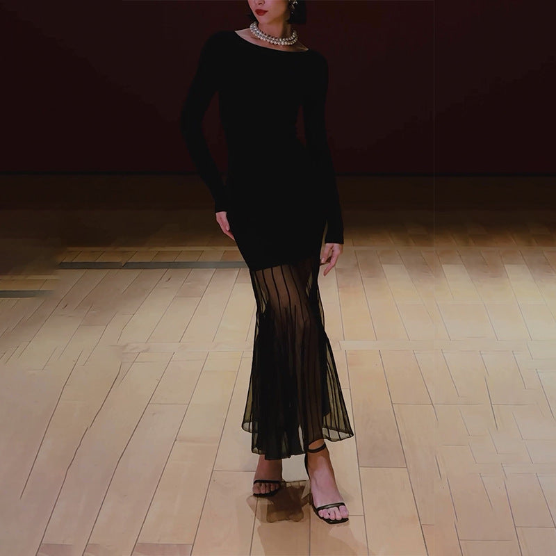 Long-sleeve Hem Paneled Lace Dress