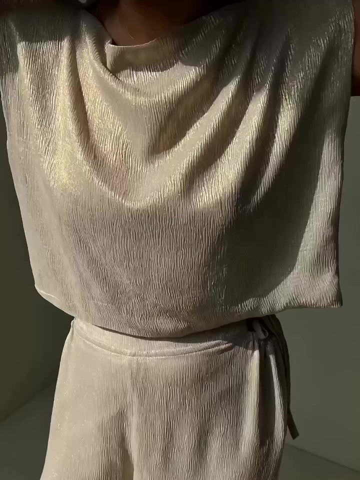 Glossy Sleeveless Top & Strappy Wide-leg Pants Set