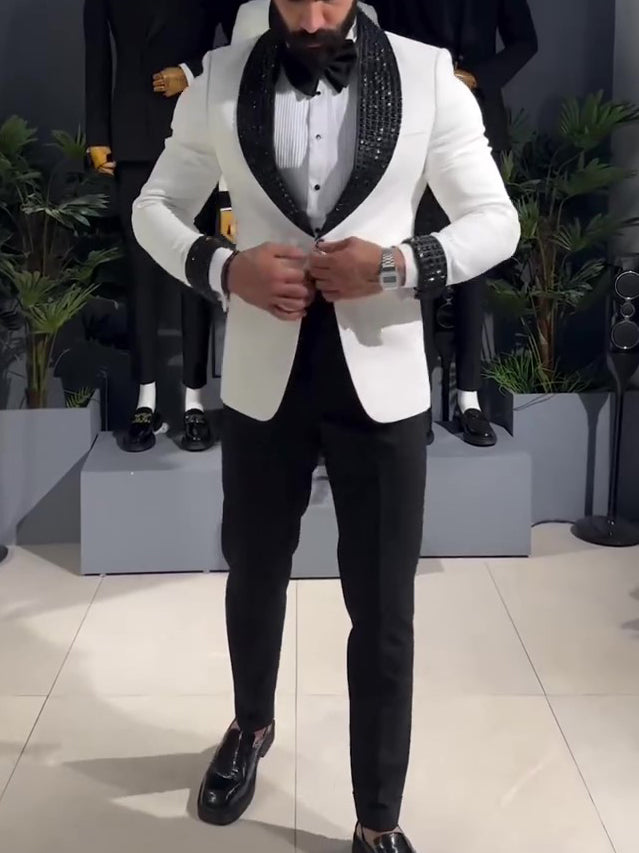 White Tuxedo Jacket With Black Sequin Lapel