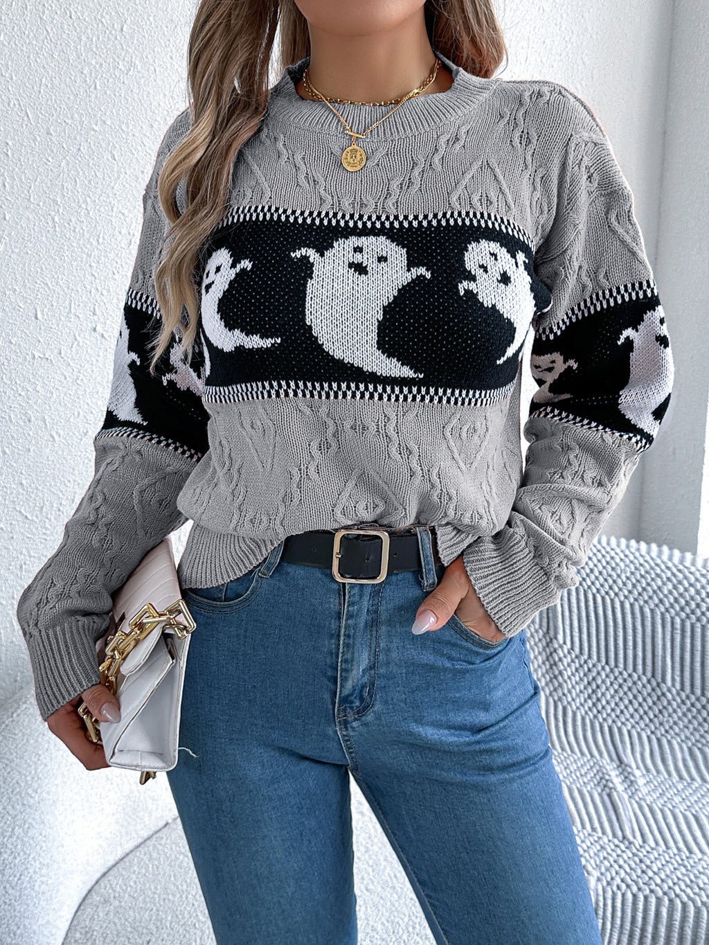 Women Ghost Color Block Long Sleeve Pullover Sweater