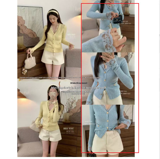 Elegant Lace V-neck Sweater With Golden Buttons