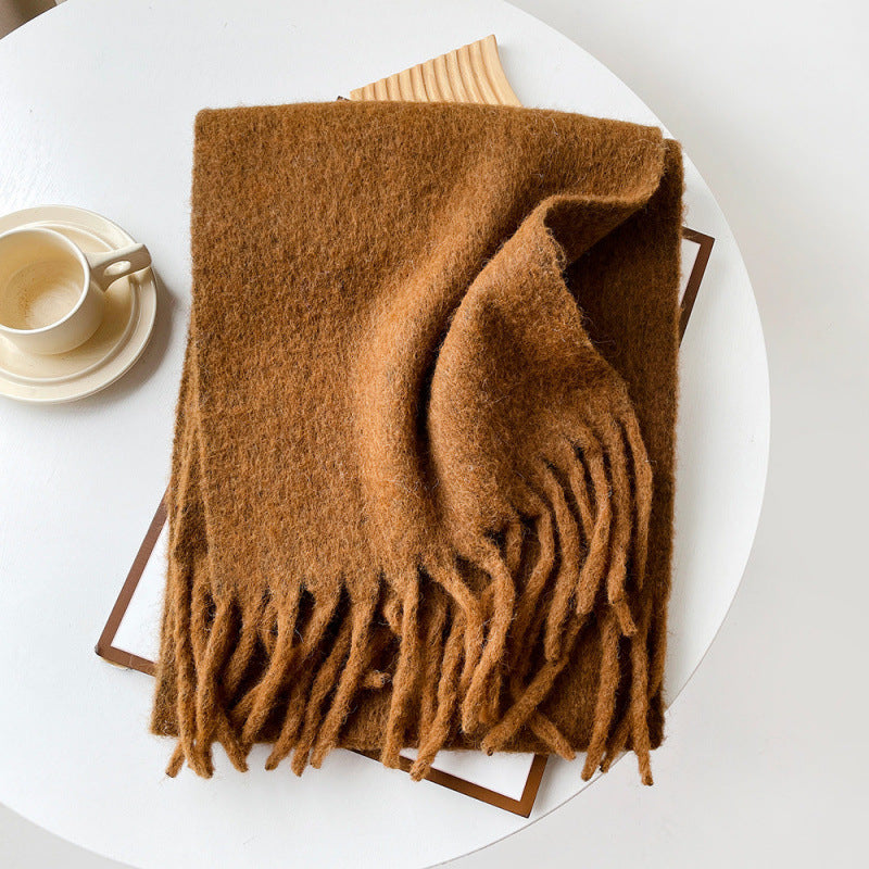 Mellard Merino Wool Korean-Style Relaxed-Feel Solid-Color Brushed Warm Scarf For Women