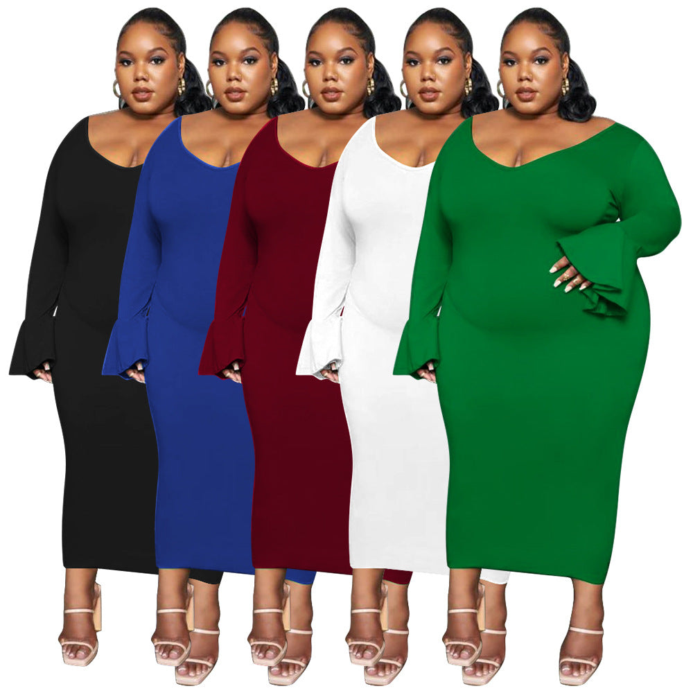 Fashionable And Sexy Plus-Size Women's Solid-Color Elegant V-Neck Maxi Dress