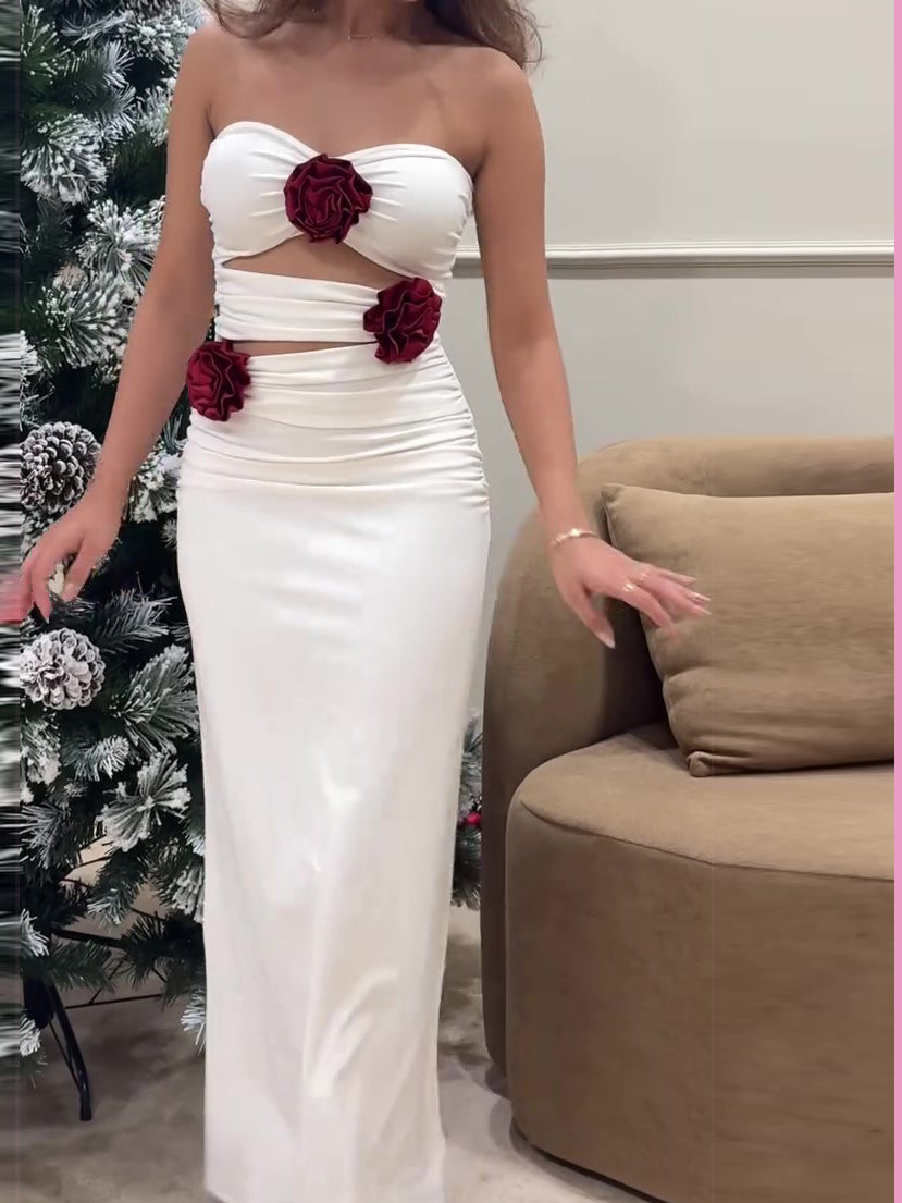 White Contrasting Three-dimensional Flower Tube Top Cutout Dress