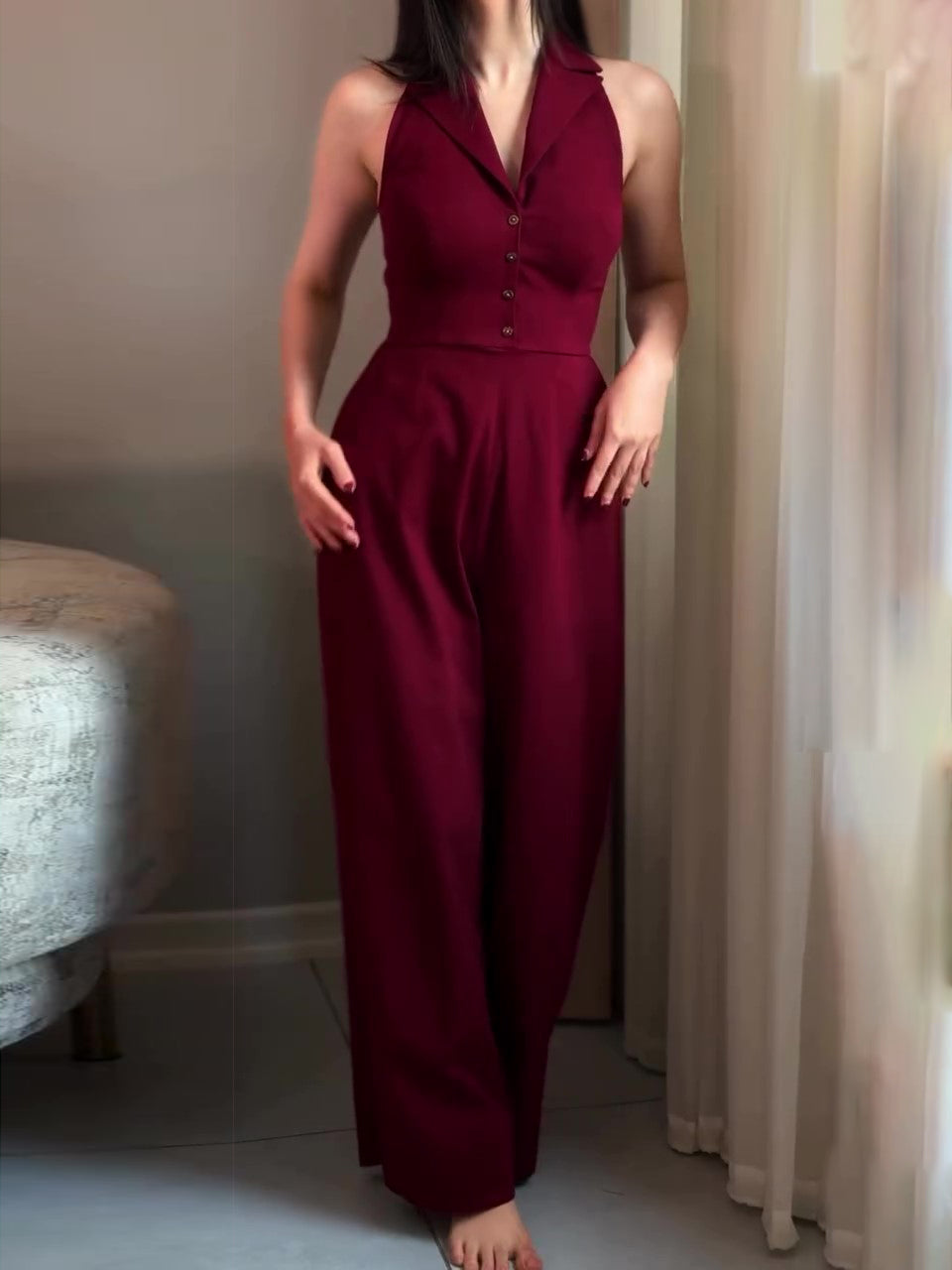 Burgundy Backless Lace-up Sleeveless Jumpsuit