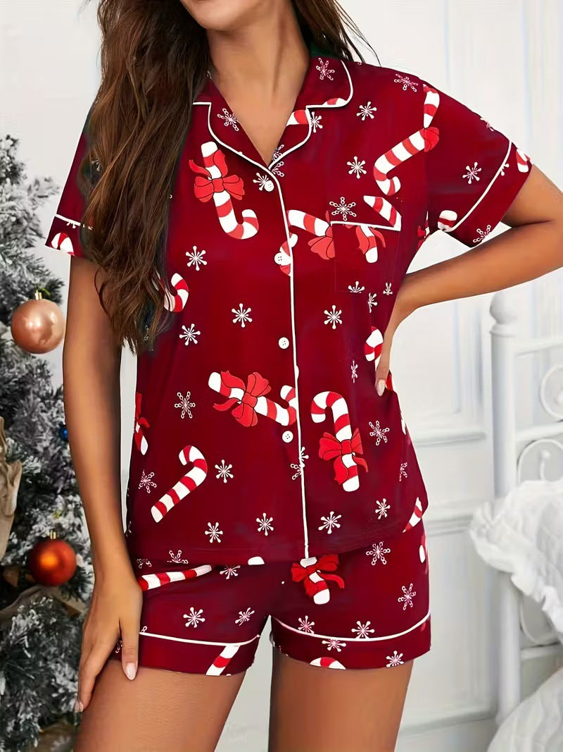 Cute Cartoon Pajama Set With A Turn-down Collar Short Sleeves