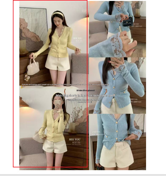 Elegant Lace V-neck Sweater With Golden Buttons