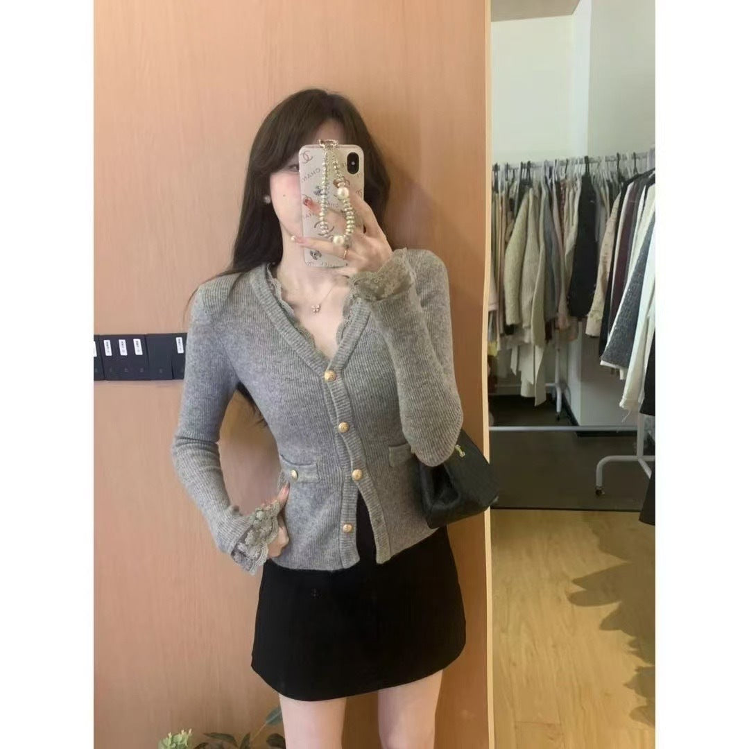 Elegant Lace V-neck Sweater With Golden Buttons