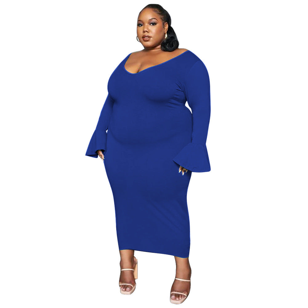 Fashionable And Sexy Plus-Size Women's Solid-Color Elegant V-Neck Maxi Dress