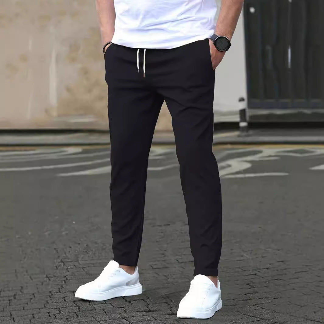 Casual Slim Fit Leather Tag Cropped Pants Solid Color Pants