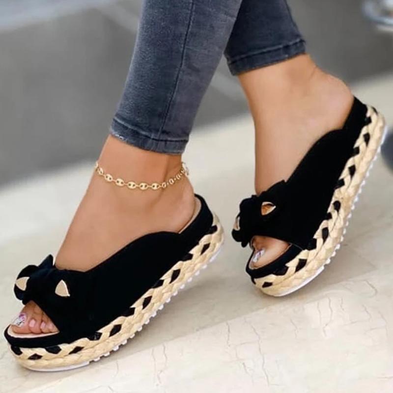 Ladies Platform Casual Roman Bow Slippers