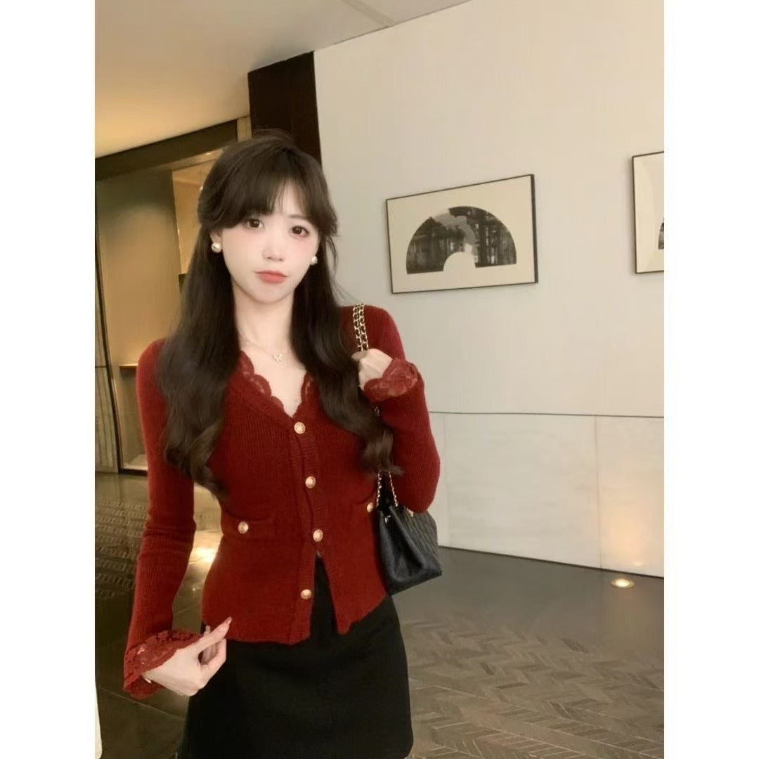 Elegant Lace V-neck Sweater With Golden Buttons