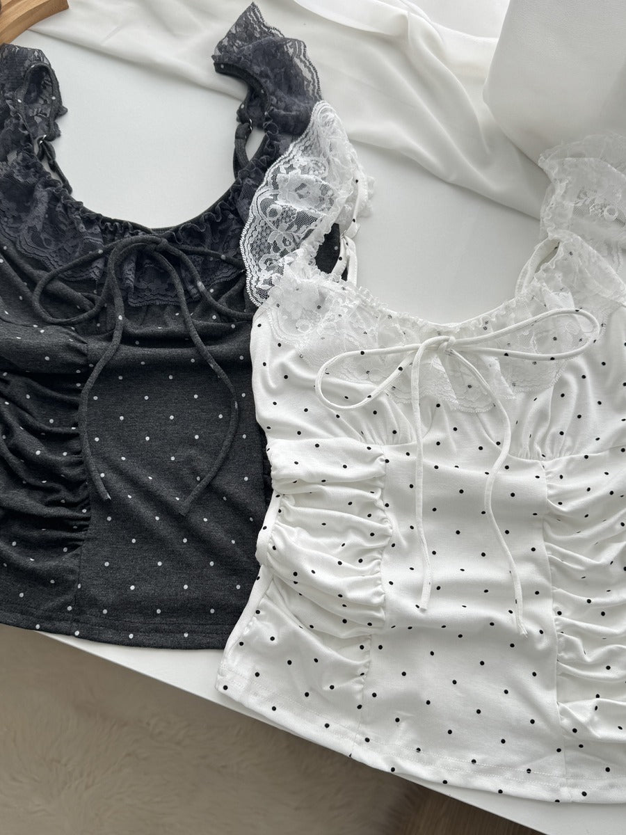 Lace Cap-sleeve Ruffled Polka-dot Camisole Women's Slim-fit Cropped Top
