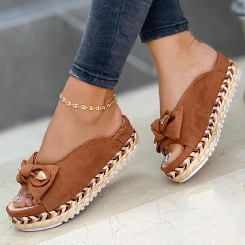 Ladies Platform Casual Roman Bow Slippers