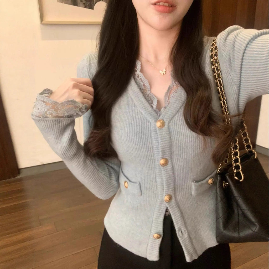 Elegant Lace V-neck Sweater With Golden Buttons