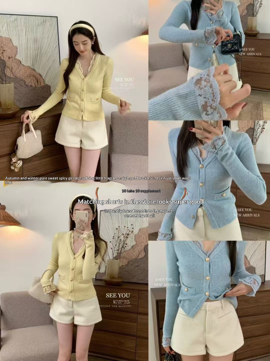 Elegant Lace V-neck Sweater With Golden Buttons