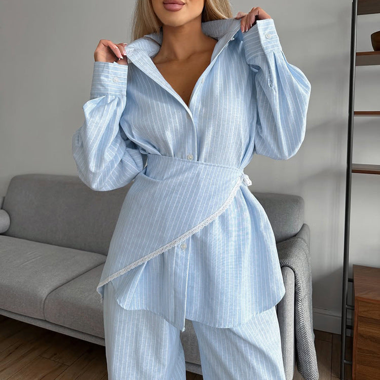 Patchwork Striped Lapel Long-sleeve Shirt Casual Wide-leg Pantsthree-piece Set
