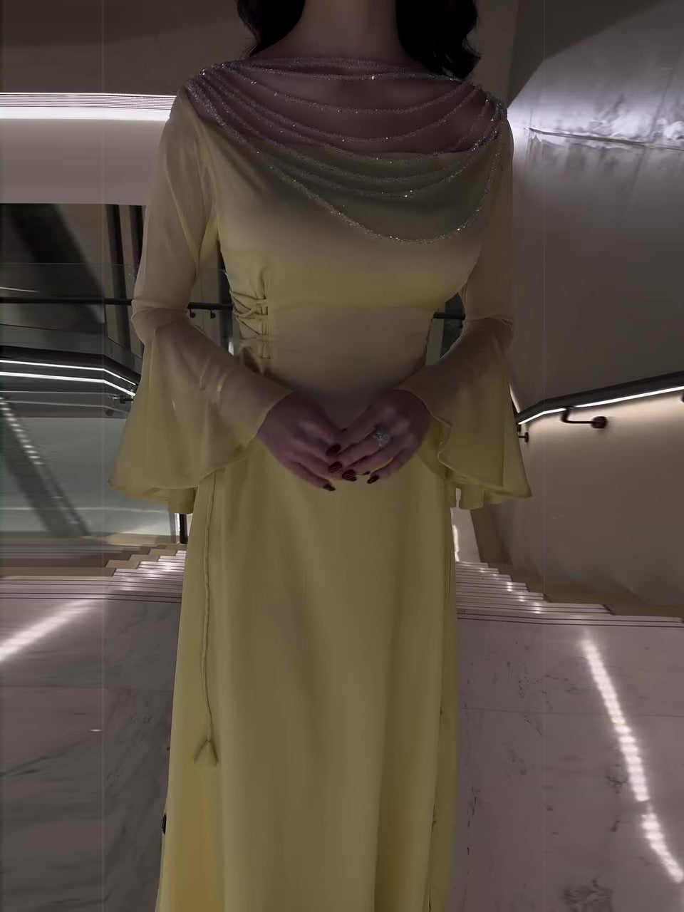Yellow Pleated Belted Ruffled Sleeves Maxi Dress