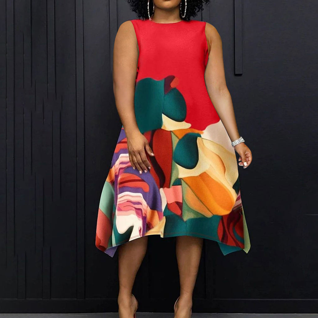 Women's Casual Plus-Size Contrast-Color Printed Elegant Dress