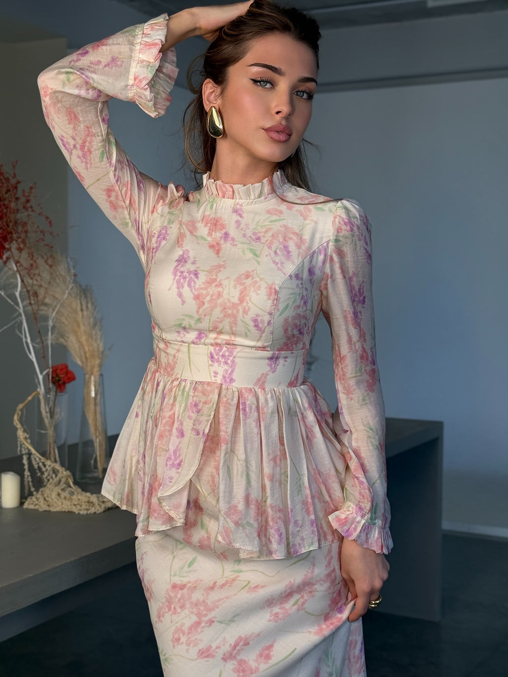 Floral Print Ruffle Top & High Waist Fishtail Skirt Set