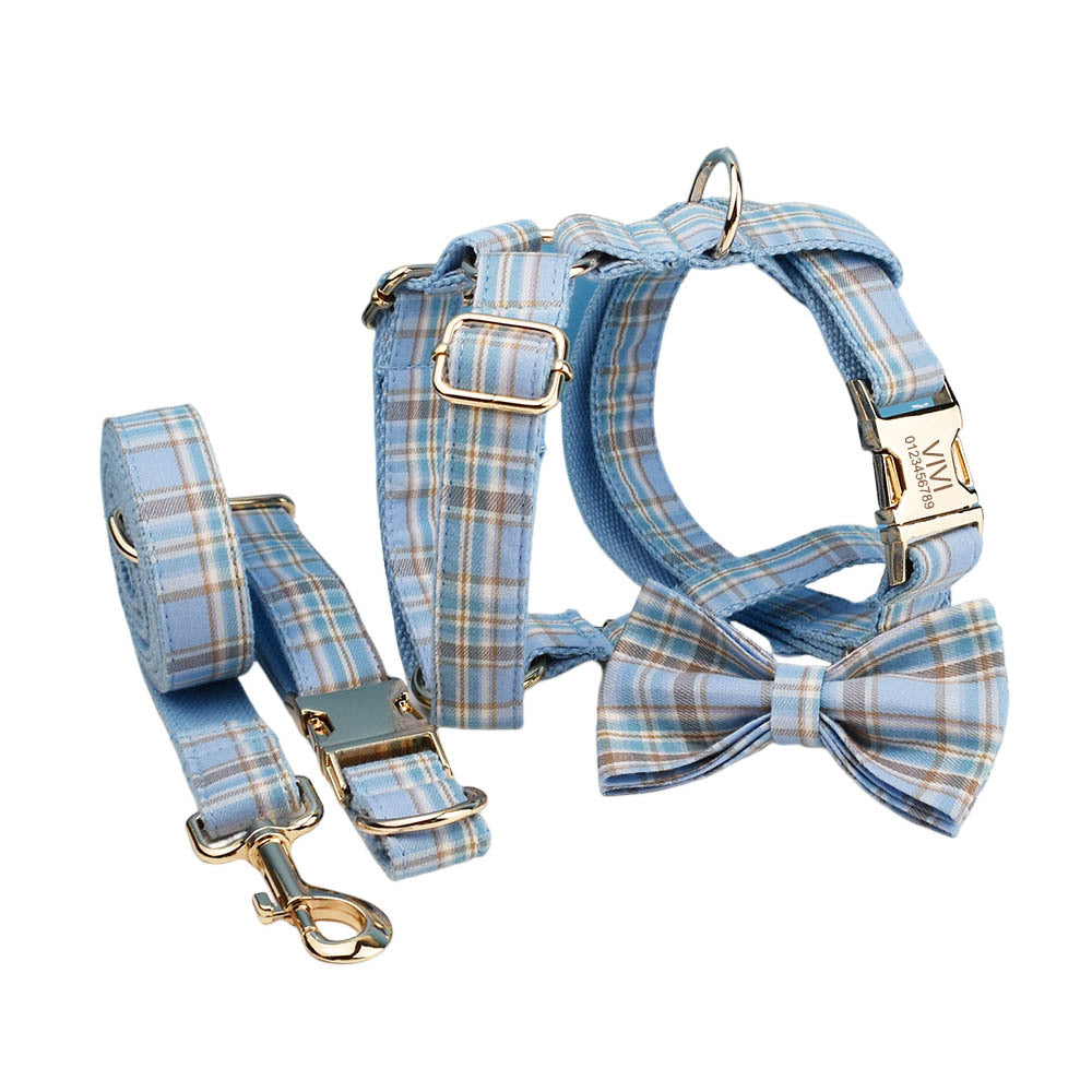 Sky Blue Grid Forest Series Dog Collar Traction Rope