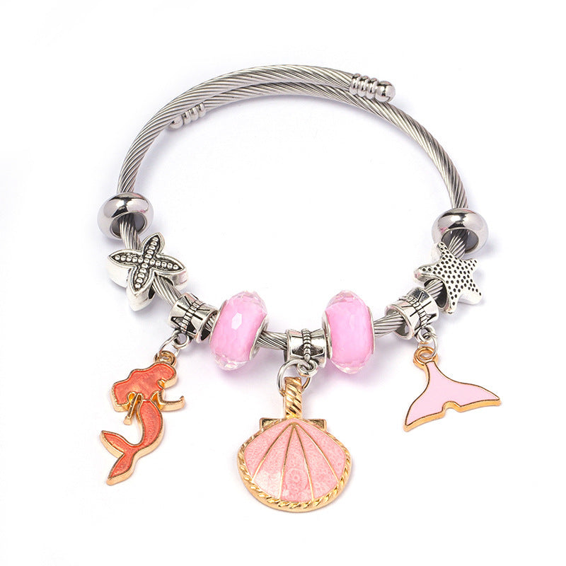 DIY Open-End Adjustable Blue Ocean Series Mermaid Pendant Bracelet Multi-Color Beaded Bracelet Factory Wholesale