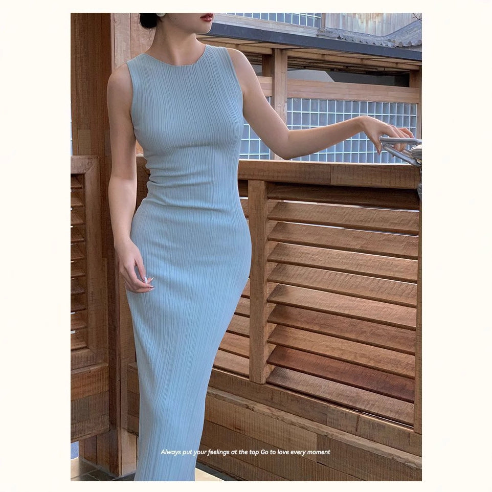 Retro Sleeveless Knitted Vest Women's Waist-Cinching Slimming Sheath Dress