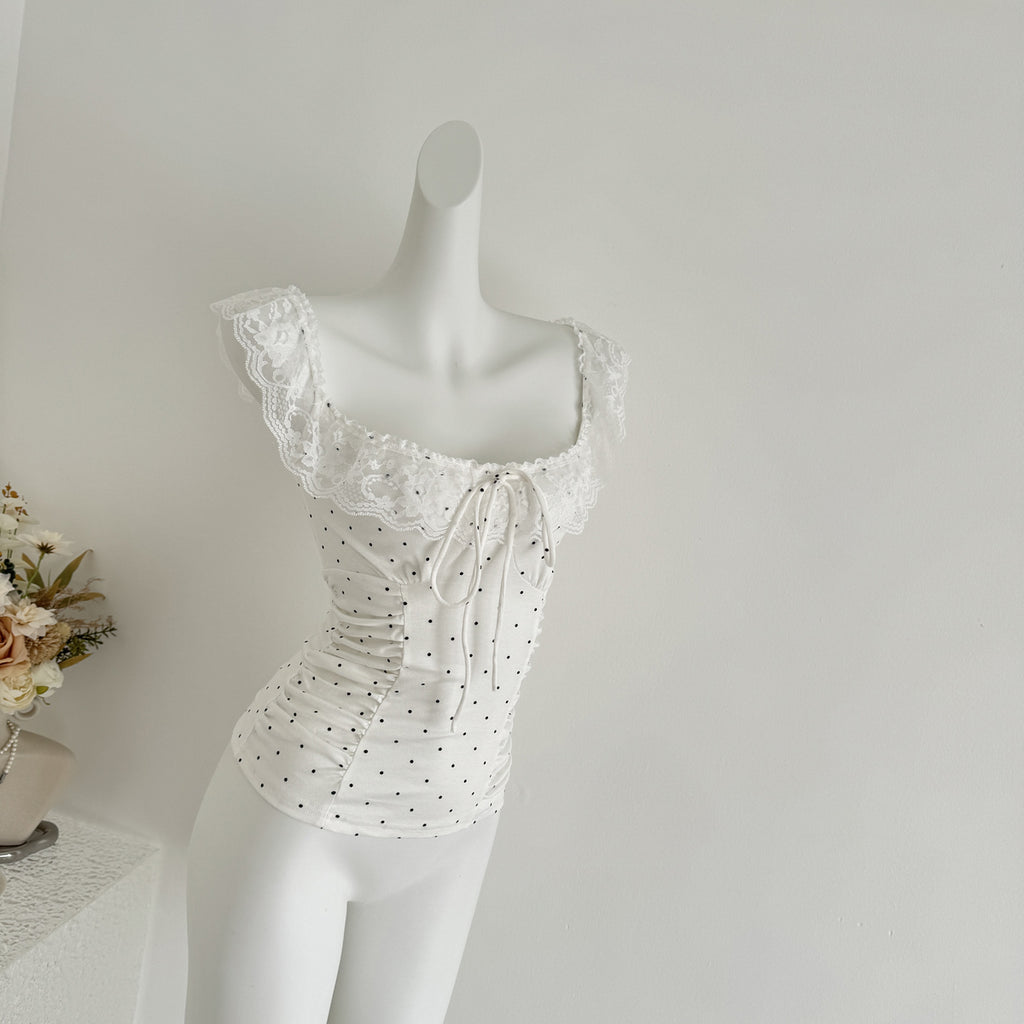 Lace Cap-sleeve Ruffled Polka-dot Camisole Women's Slim-fit Cropped Top
