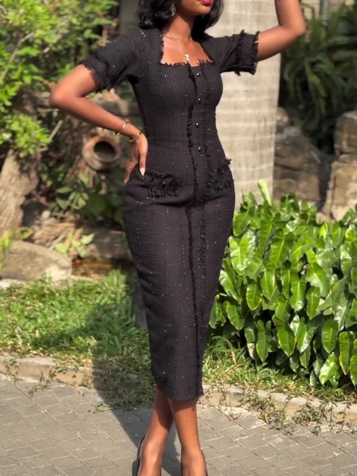 Black Square Neck Short Sleeve Dress