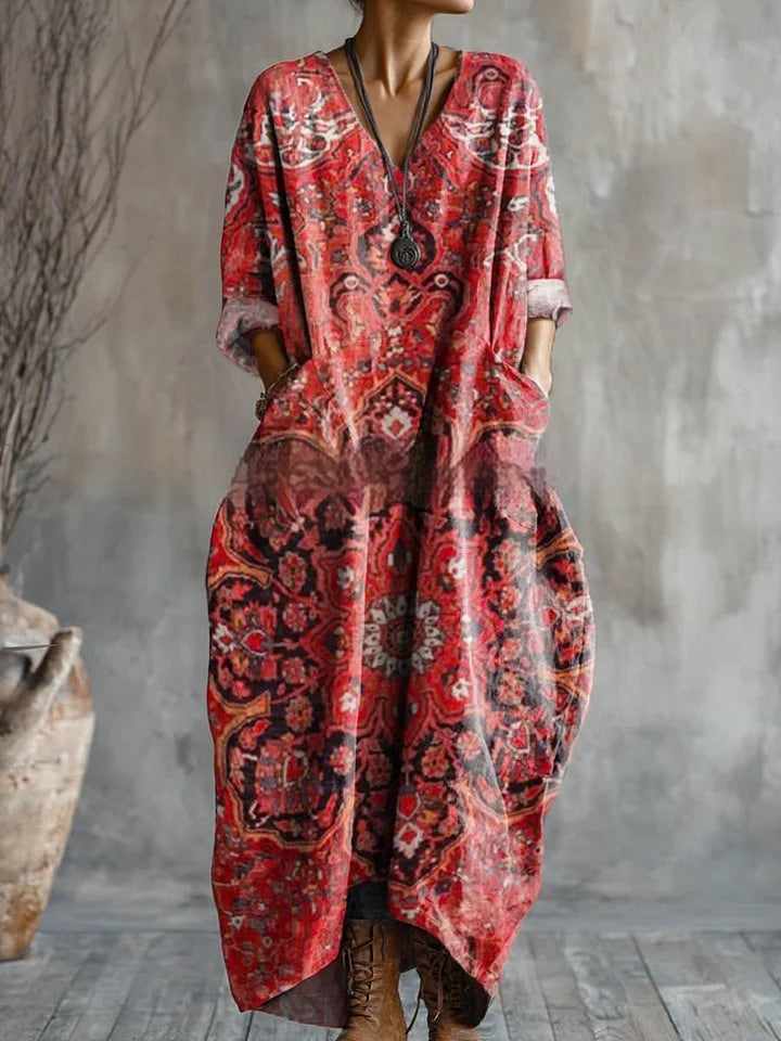 Women's Retro Floral V-Neck Dress With Pockets